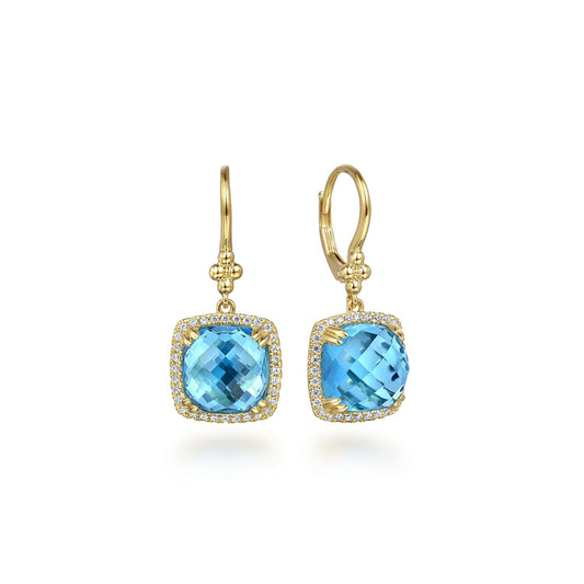 14K Yellow Gold Bujukan Cushion Blue Topaz’s with Diamond Halo Earrings
