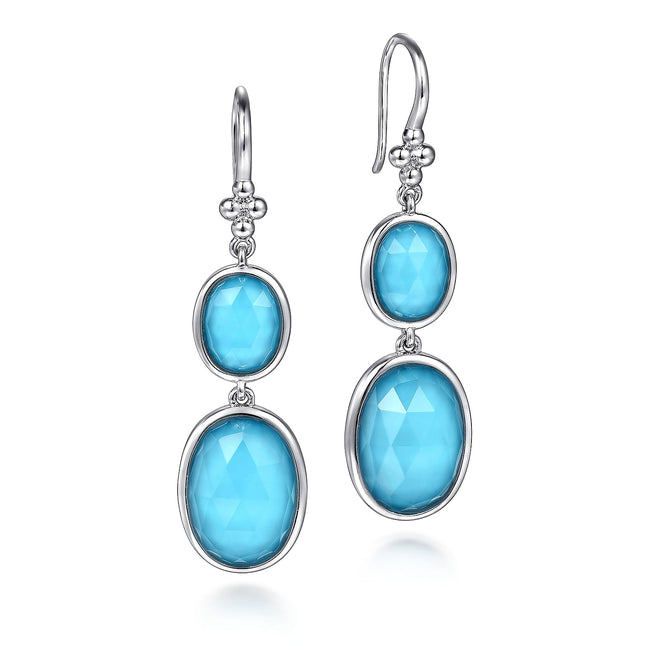 925 Sterling Silver Rock Crystal and Turquoise Fish Wire Drop Earrings