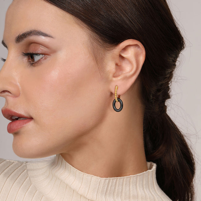14K Yellow Gold Black Oval Ceramic Bujukan Huggie Drop Earrings