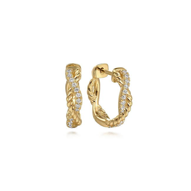 14K Yellow Gold Twisted Diamond And Rope 15mm Huggie Earrings