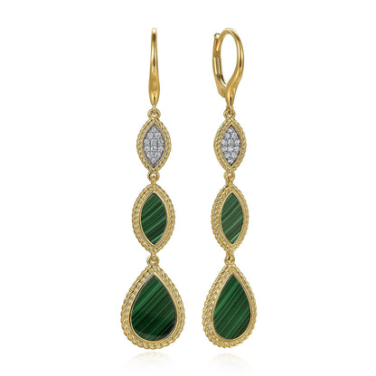 14K Yellow Gold Diamond and Malachite Rope Drop Earrings