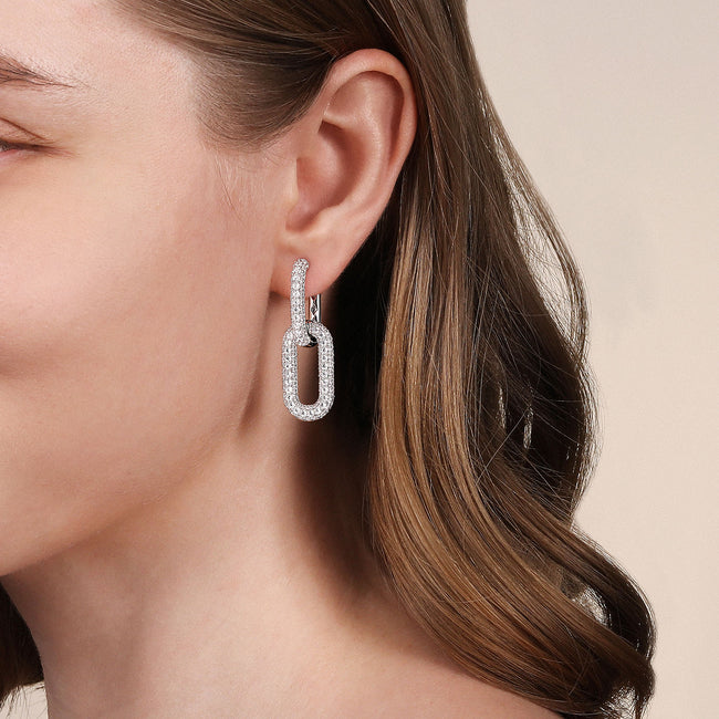 18K White Gold Diamon Pavé Link Drop Earrings