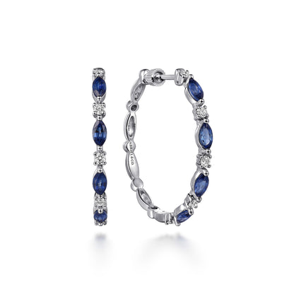 14K White Gold Diamonds and Marquise Blue Sapphire Classic Hoop Earrings