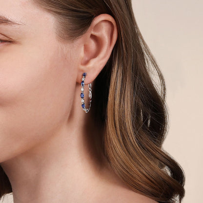 14K White Gold Diamonds and Marquise Blue Sapphire Classic Hoop Earrings