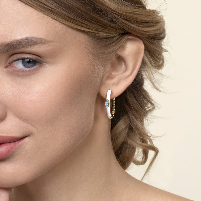 14K Yellow Gold Bujukan Beads and Blue Topaz Classic Hoop Earrings with White Enamel