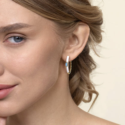 14K Yellow Gold Bujukan Beads and Blue Topaz Classic Hoop Earrings with White Enamel