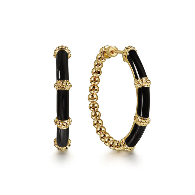 14K Yellow Gold Bujukan Beads and Bar Split Classic Hoop with Black Enamel