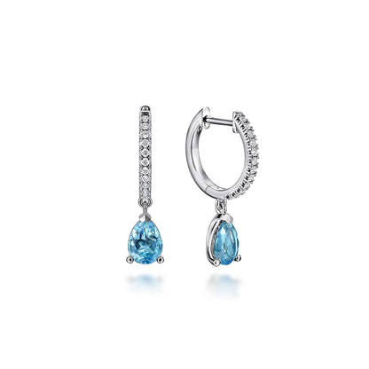 14K White Gold Diamond and Blue Topaz Huggie Drop Earrings
