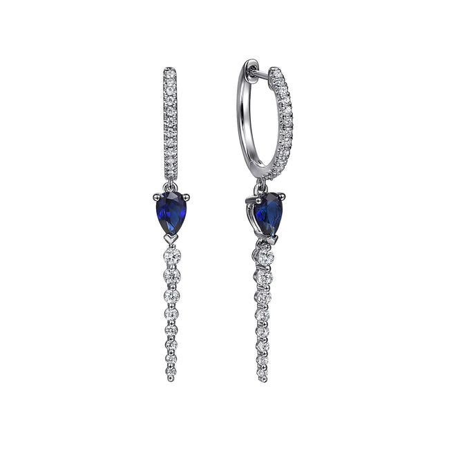 14K White Gold Graduating Diamonds and Blue Sapphire Huggie Drop Earrings