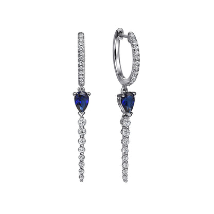 14K White Gold Graduating Diamonds and Blue Sapphire Huggie Drop Earrings