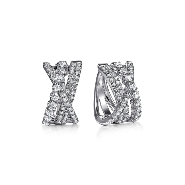 14K White Gold Diamond Criss Cross Huggie Earrings