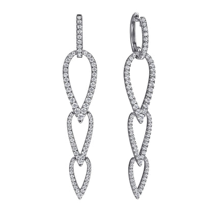 14K White Gold Diamond Pear Shape Huggie Drop Earrings