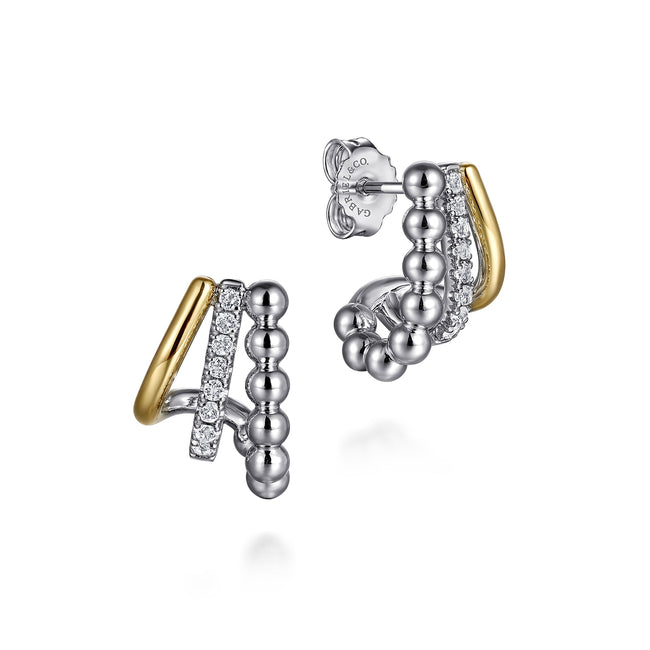 925 Sterling Silver and 14K Yellow Gold Bujukan and White Sapphire Multiple Row J Hoop Earrings