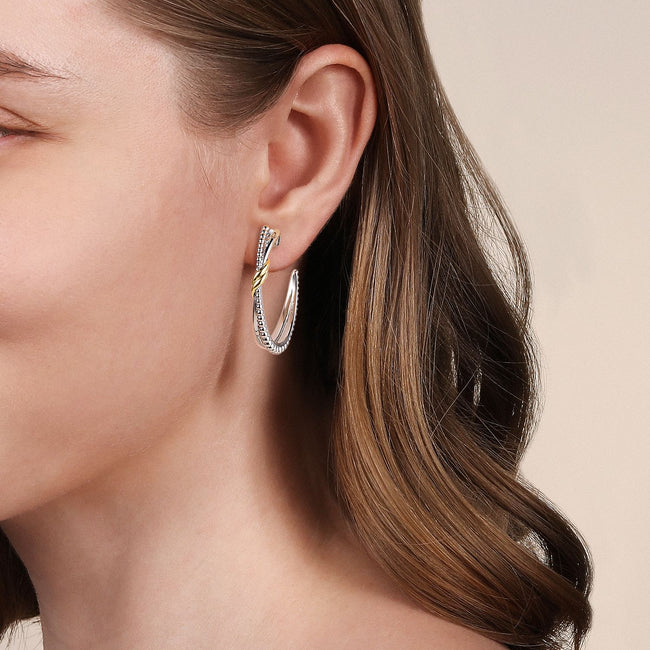 925 Sterling Silver and 14K Yellow Gold Bujukan Criss Cross J Hoop Earrings