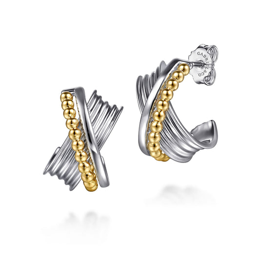 925 Sterling Silver and 14K Yellow Gold Bujukan Criss Cross J Hoop Earrings