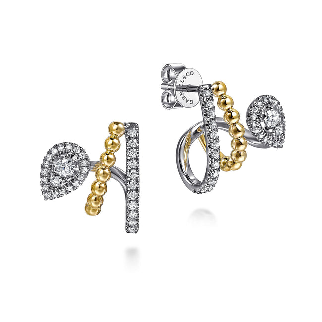 14K White & Yellow Gold Bujukan Diamond J Hoop Stud Earrings