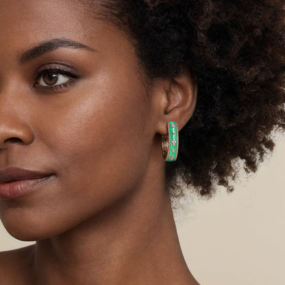 14K Yellow Gold Bujukan Diamond Classic Hoop Earrings with Emerald Green Enamel