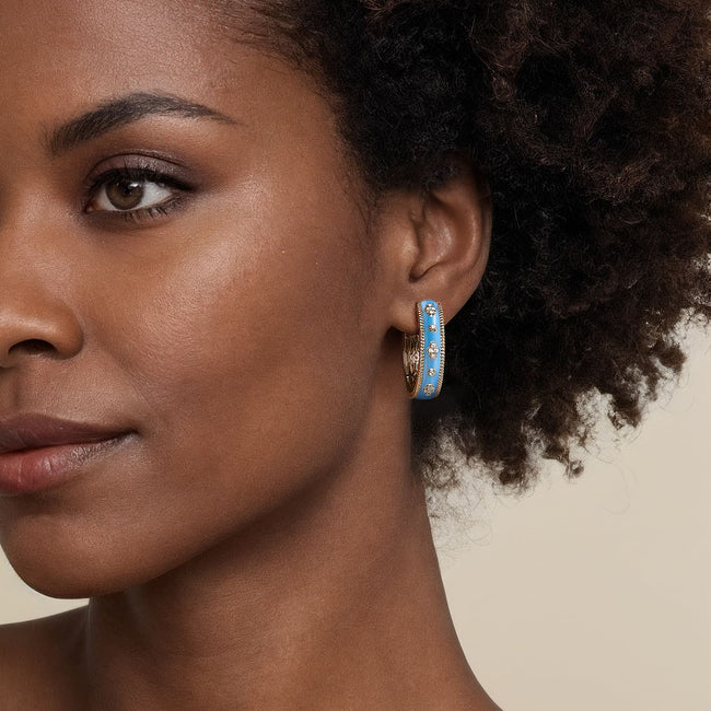 14K Yellow Gold Bujukan Diamond Classic Hoop Earrings with Dusk Blue Enamel