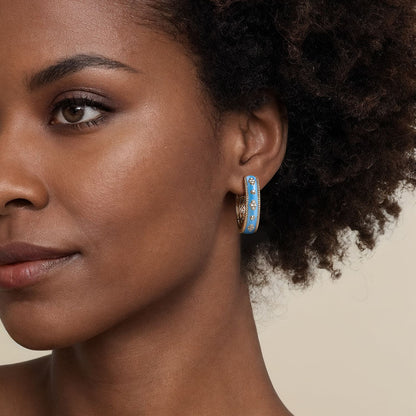 14K Yellow Gold Bujukan Diamond Classic Hoop Earrings with Dusk Blue Enamel