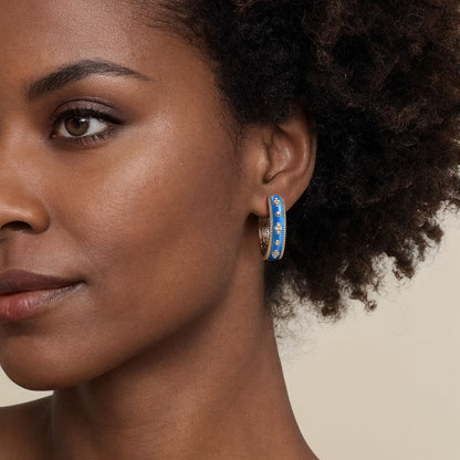 14K Yellow Gold Bujukan Diamond Classic Hoop Earrings with Blue Enamel