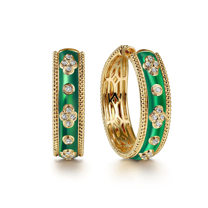 14K Yellow Gold Bujukan Diamond Classic Hoop Earrings with Chrome Green Enamel