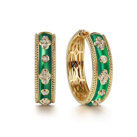 14K Yellow Gold Bujukan Diamond Classic Hoop Earrings with Chrome Green Enamel