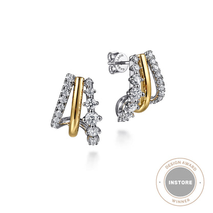 14K White&Yellow Gold Graduating Diamond J Hoop Stud Earrings