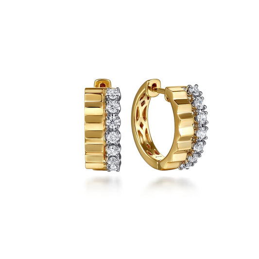 14K White &Yellow Gold Diamond and Diamond Cut Huggie Earrings
