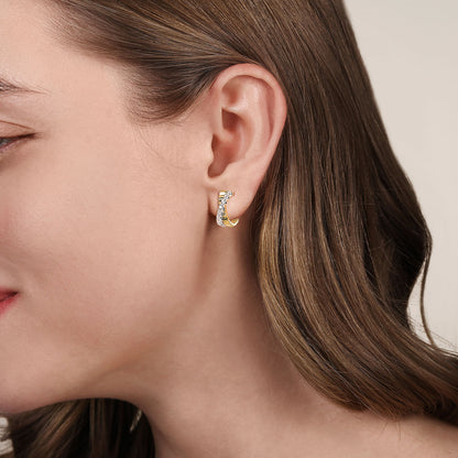14K White &Yellow Gold Diamond J Hoop Stud Earrings With Diamond Cut Texture