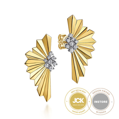 14K White & Yellow Gold Radiant Fan Diamond Cut and Cluster Diamond Stud Earrings