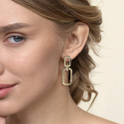 14K Yellow Plain Gold Diamond Cut Link Stud Drop Earrings