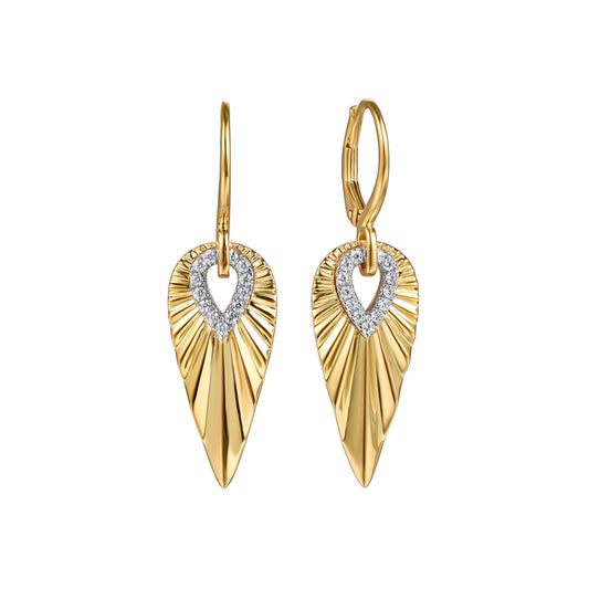 14K White & Yellow Gold Diamond and Diamond Cut Huggie Drop Earrings