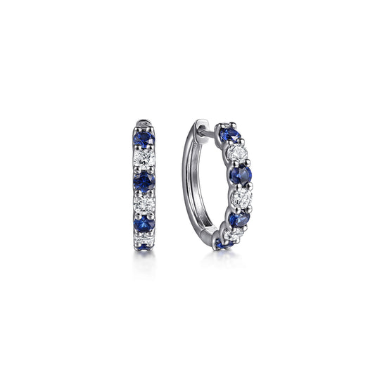 15mm 14K White Gold Diamond and Sapphire Huggie Earrings
