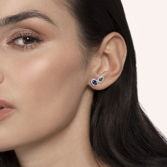 14K White Gold Toi et Moi Sapphire and Diamond Halo Stud Earrings