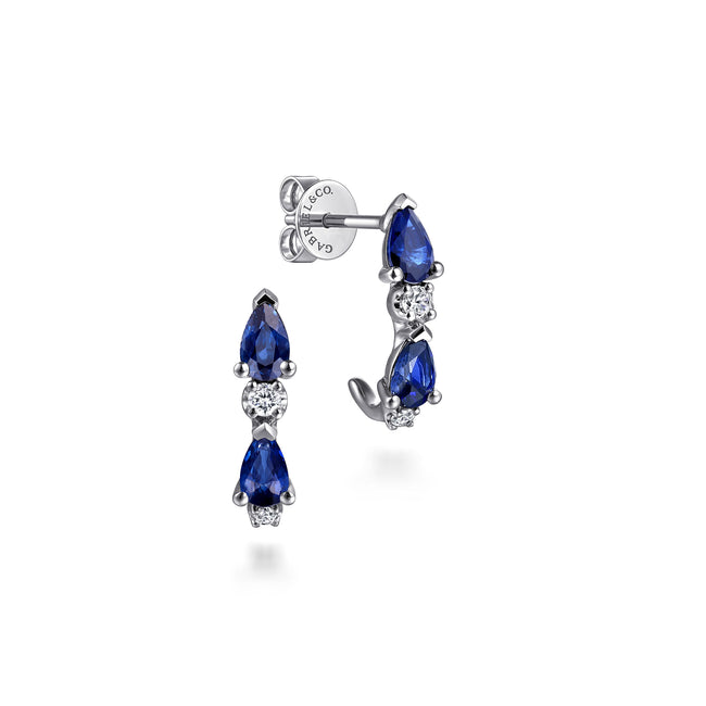 14K White Gold Diamond and Pear Sapphire J-Hoop Earrings