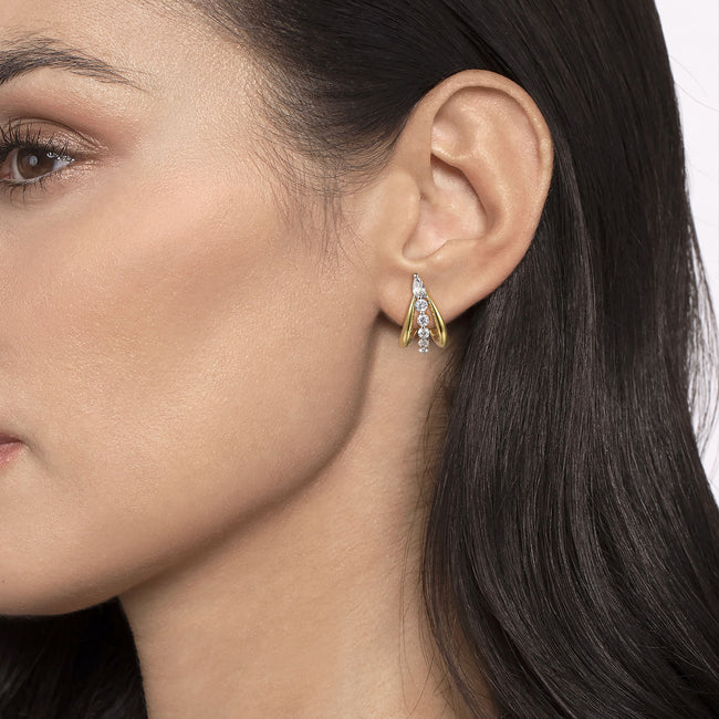 18K White & Yellow Gold Graduating Diamond J Hoop Stud Earrings
