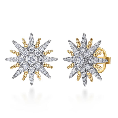 14K White & Yellow Gold Bujukan Diamond Starburst Stud Earrings