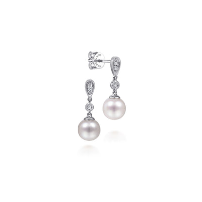 14K White Gold Vintage Inspired Style Diamond Pearl Drop Earrings