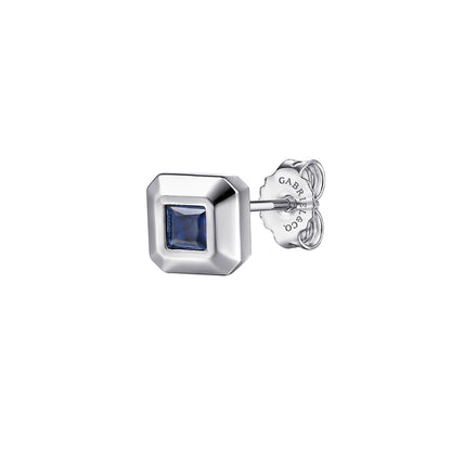 925 Sterling Silver Sapphire B Quality Mens Angular Cuts Single Stud Earring