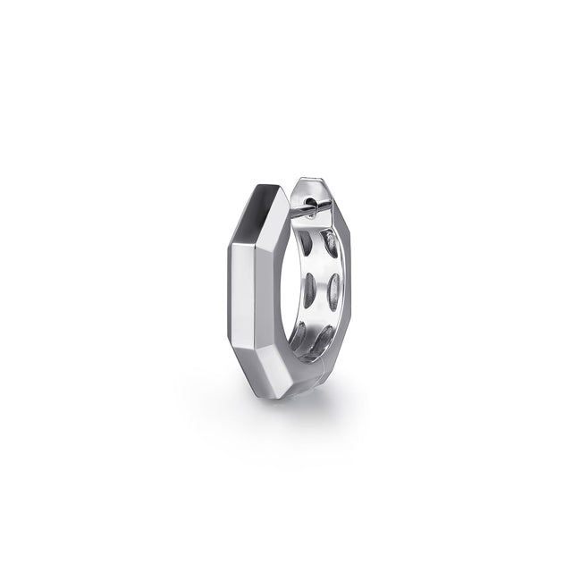 14K White Gold Mens Angular Cuts Single Huggie Earring