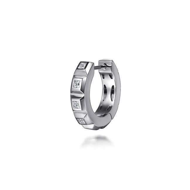 14K White Gold Diamond Mens Angular Cuts Single Huggie Earring