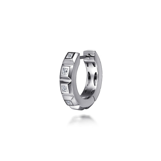 14K White Gold Diamond Mens Angular Cuts Single Huggie Earring