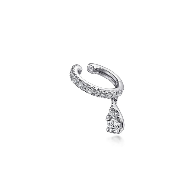 14K White Gold Single Diamond Ear Cuff with Teardrop Charm