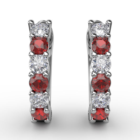 Shared Prong Ruby And Diamond Hoop Earrings