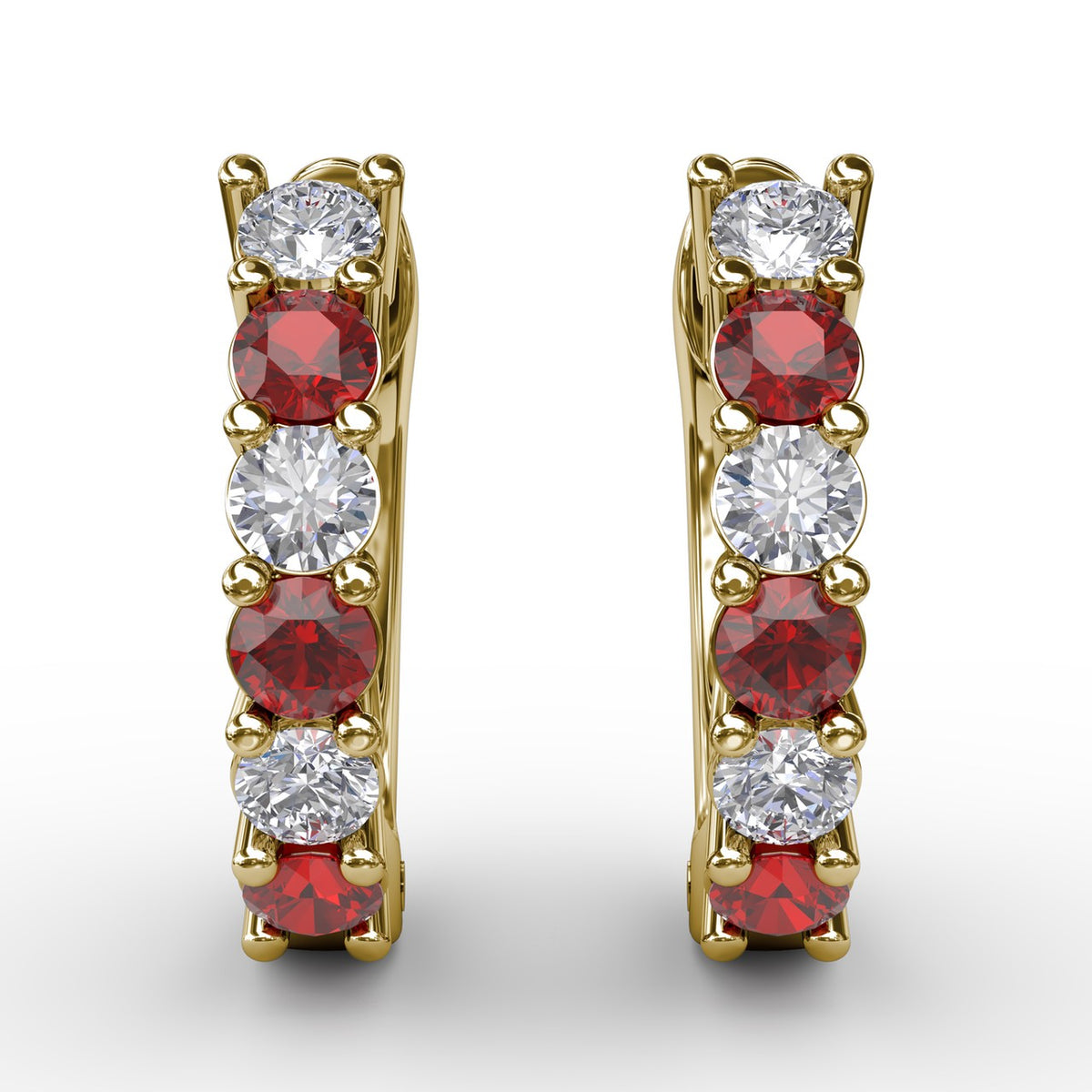 Shared Prong Ruby And Diamond Hoop Earrings
