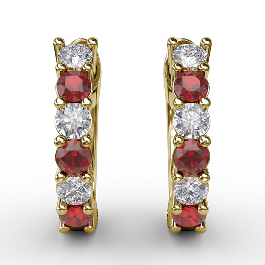 Shared Prong Ruby And Diamond Hoop Earrings