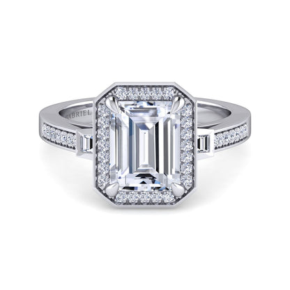 14K White Gold Emerald Three Stone Halo Diamond Engagement Ring