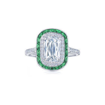 Ashoka Diamond Engagement Ring with an Emerald and Diamond Double Halo in Platinum, Ashoka Center Diamond of 1.15 Carats, H Color, VS2 Clarity