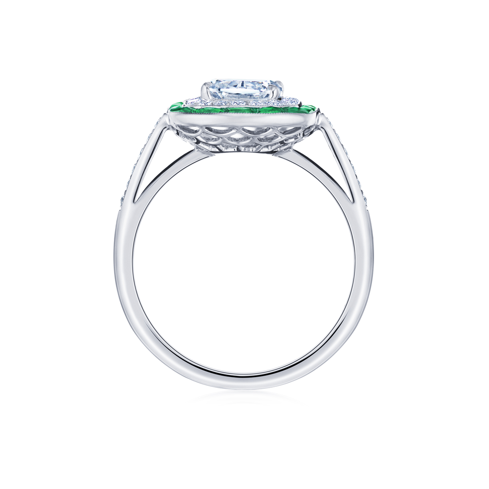 Ashoka Diamond Engagement Ring with an Emerald and Diamond Double Halo in Platinum, Ashoka Center Diamond of 1.15 Carats, H Color, VS2 Clarity