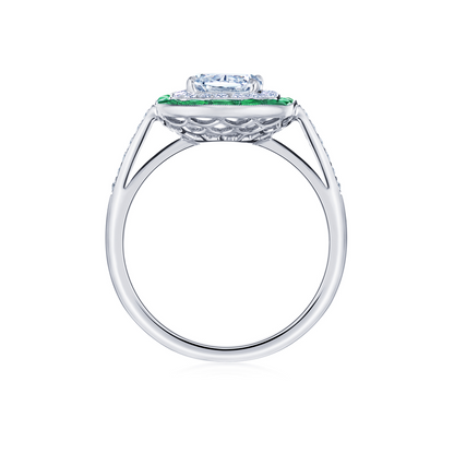 Ashoka Diamond Engagement Ring with an Emerald and Diamond Double Halo in Platinum, Ashoka Center Diamond of 1.15 Carats, H Color, VS2 Clarity